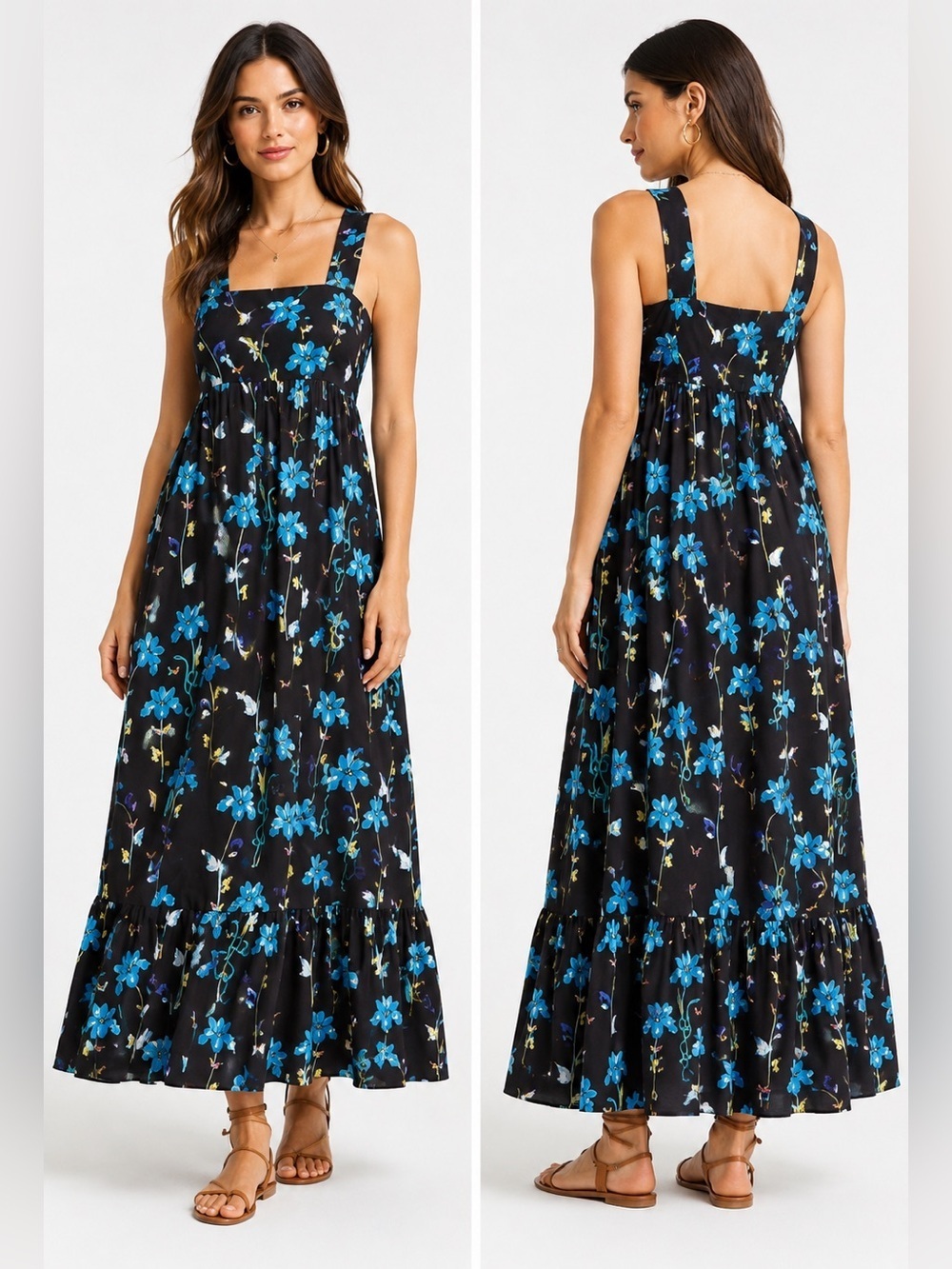 Borgo de Nor Mila Floral Iris Black Maxi Dress Made in Italy Cotton | Size 6